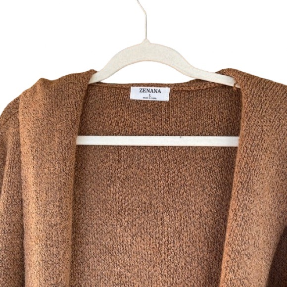 Zenana Open Front Long Hooded Sweater with Pockets Camel Brown Size Large - Picture 2 of 5